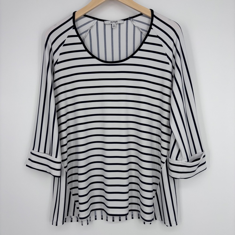 Sympli Striped Top Sz 10 White Black 3/4 Sleeve Boat Neck Jersey Knit Nautical